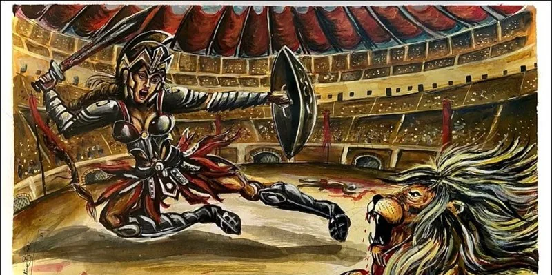 Colosseum’s Warrior Queen — 1 × 2 ft · Acrylic on Paper — original painting by Malini Bedi, Toronto