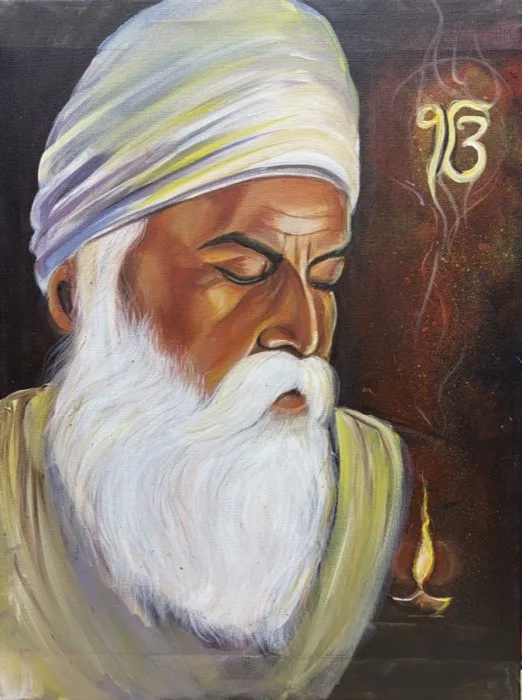 Guru Nanak Dev Ji — 18 × 24 in · Acrylic & Oil on Canvas — original painting by Malini Bedi, Toronto