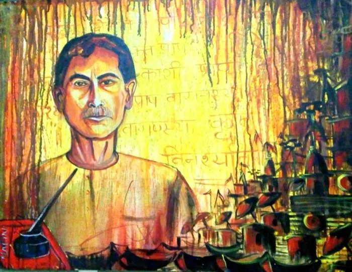 Ganga’s Tale with Premchand — 1 × 2 ft · Acrylic on Canvas — original painting by Malini Bedi, Toronto