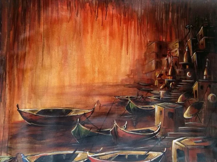Ghats of Varanasi — 2 × 3 ft · Acrylic on Canvas — original painting by Malini Bedi, Toronto