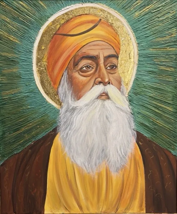 Guru Nanak Dev Ji — 20 × 24 in · Acrylic & Oil on Canvas — original painting by Malini Bedi, Toronto