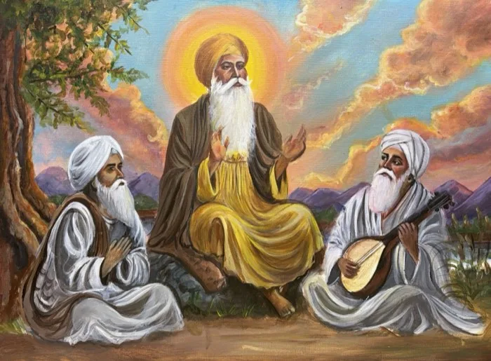 Guru Nanak with Bhai Mardana & Bhai Bala — 2 × 2.5 ft · Acrylic & Oil on Canvas — original painting by Malini Bedi, Toronto