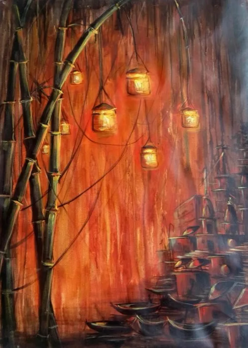 Lights of Dev Deepawali — 2.5 × 3 ft · Acrylic on Canvas — original painting by Malini Bedi, Toronto