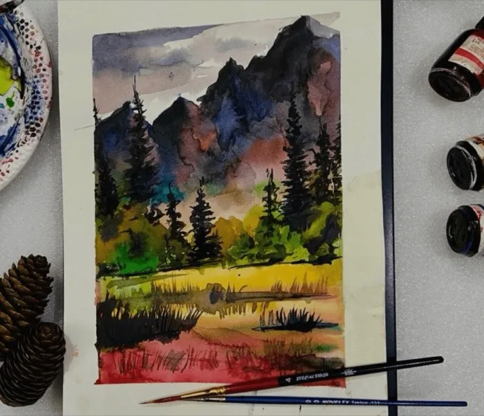 Mountain Murmurs — 10 × 15 in · Watercolour on Paper — original painting by Malini Bedi, Toronto