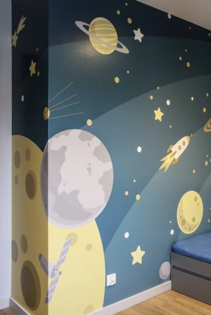 Custom space-themed mural painted for a child's bedroom