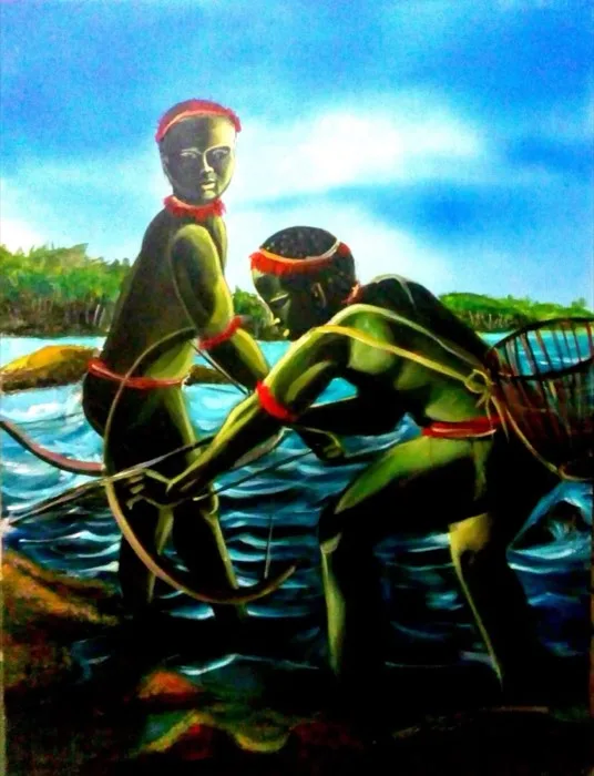 The Jarwa Fishing — 2.5 × 3 ft · Acrylic on Canvas — original painting by Malini Bedi, Toronto
