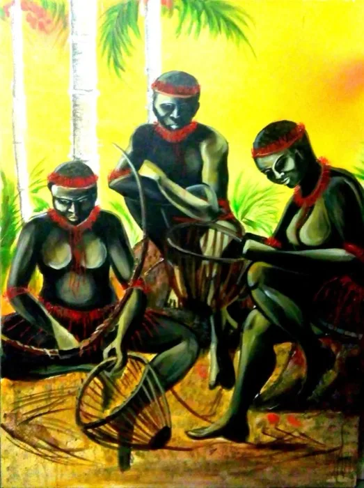 Three of the Tribe — 2.5 × 3 ft · Acrylic on Canvas — original painting by Malini Bedi, Toronto