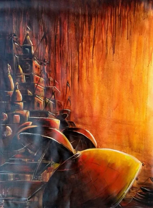 Varanasi’s Divine Canopy — 2.5 × 3 ft · Acrylic on Canvas — original painting by Malini Bedi, Toronto